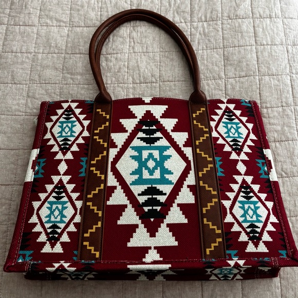 Wrangler Red Aztec Tote with Turquoise and Brown Accents - Picture 3 of 4